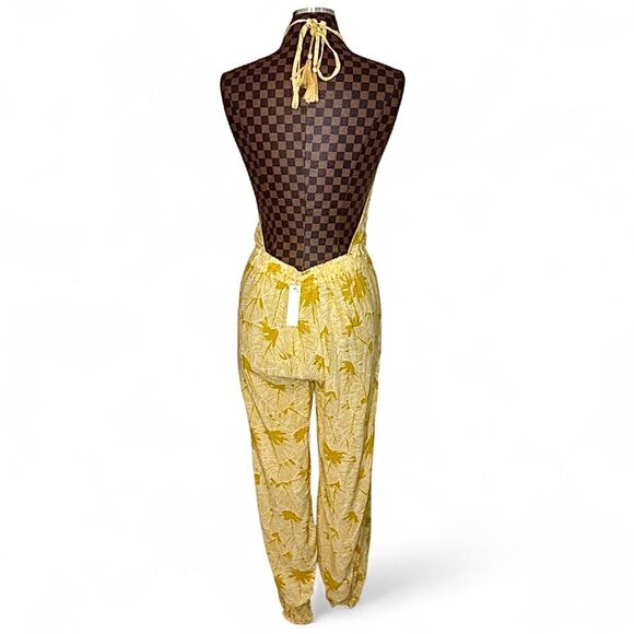 Olivaceous Yellow Halter Jumpsuit Large Split Leg Yellow Palm Print 1-Piece Boho - Picture 3 of 10